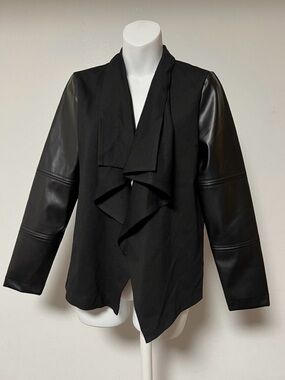 Rafaella Black Draped Open-Front Jacket with Faux Leather Sleeves